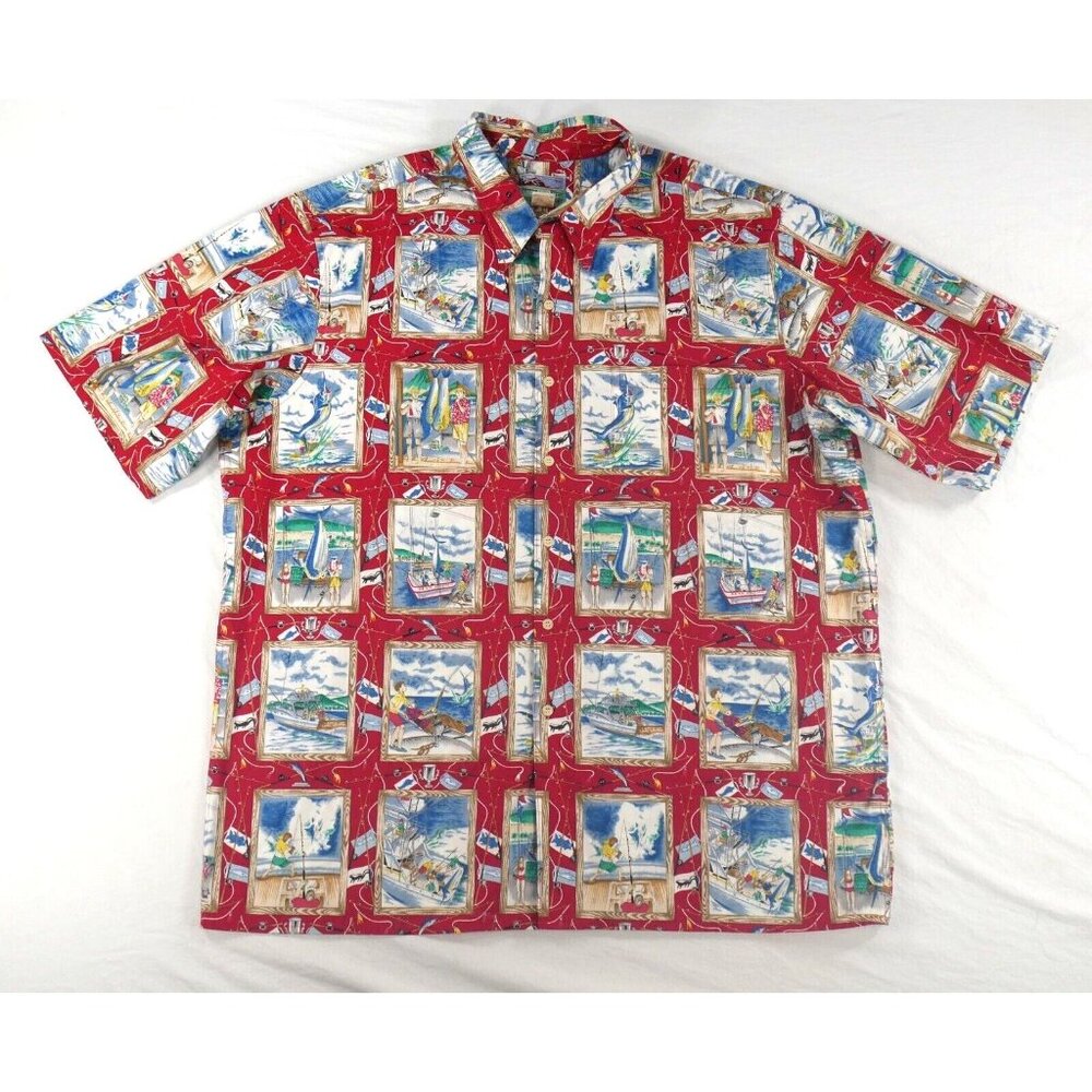Reyn Spooner Red Postcard Print Aloha Hawaiian Button Front Shirt Mens 2XL Vntg